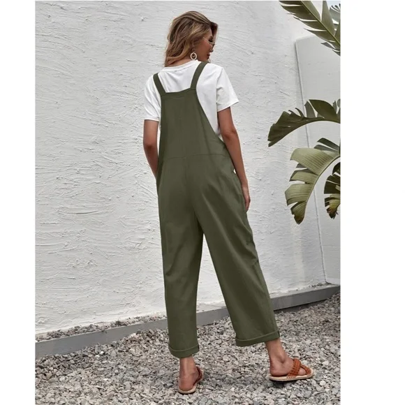 Army Green Casual Overalls w/ Pockets Rolled Up Hem - Picture 2 of 7